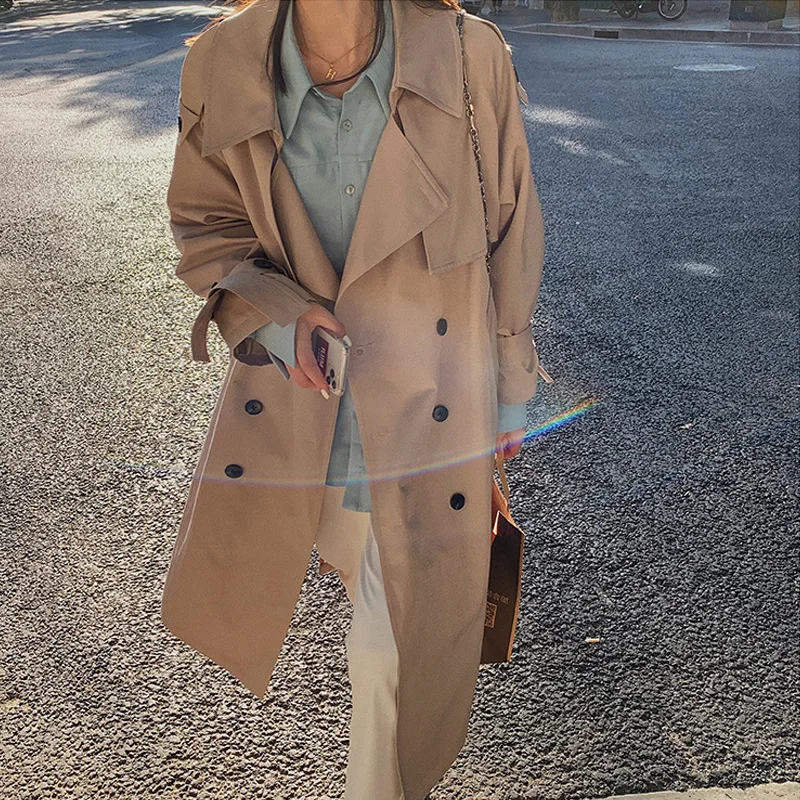 

Autumn Khaki Fashion Trench Coat Loose Temperament Lapel Belt High Quality Mid-length Double Breasted Trench Coat Women New E315
