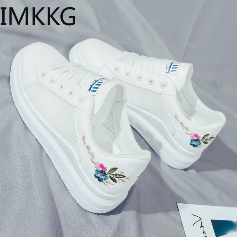 HOT Women Sneakers 2020 Fashion Breathble Vulcanized Shoes Pu embroider Platform Lace up Casual White | Обувь