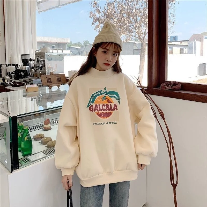 

Simple Korean Version of Solid Color Printed Sweater Autumn and Winter New Wild Plus Velvet Thick Thick Warm Loose Sweater