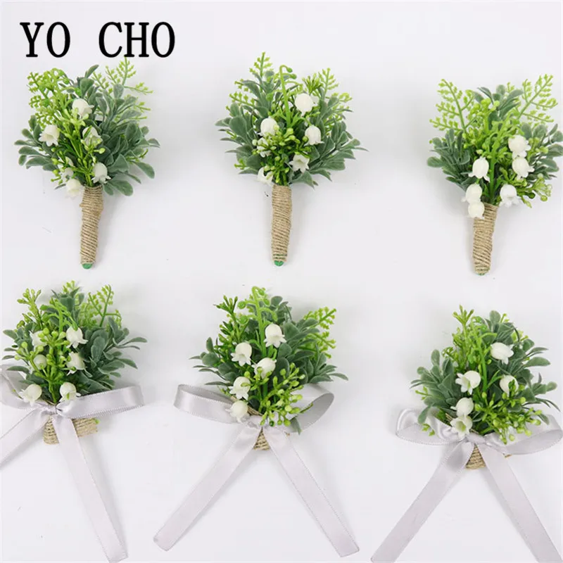 

YO CHO Lily of the Valley Wedding Boutonniere Bridal Wrist Corsage Flowers Groomsmen Prom Party Boutonniere Green Forest Style