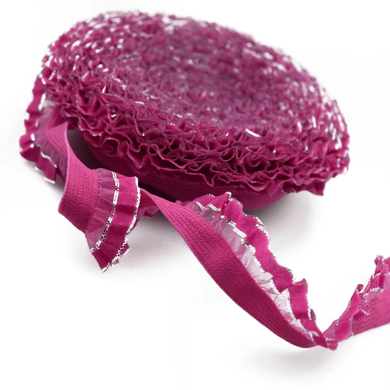 #1675 пурпурно-красная + серебряная кружевная оборка с оборками 16 мм 6 ярдов/Лот