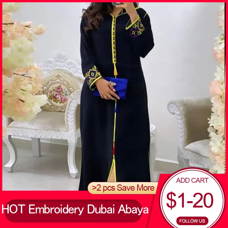 

Arabic Dress Elegant Embroidery Dubai Abaya Turkey 2021 Riche Robe Arabe Moroccan Woman jalaba Women Muslim Long Dresses Black