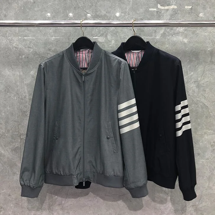 

Fashion 2021 TB THOM Brand Jacket Men Cardigans Clothing Spring Autumn V-Neck Baseball Uniform Striped Loose Wool Casual Coat