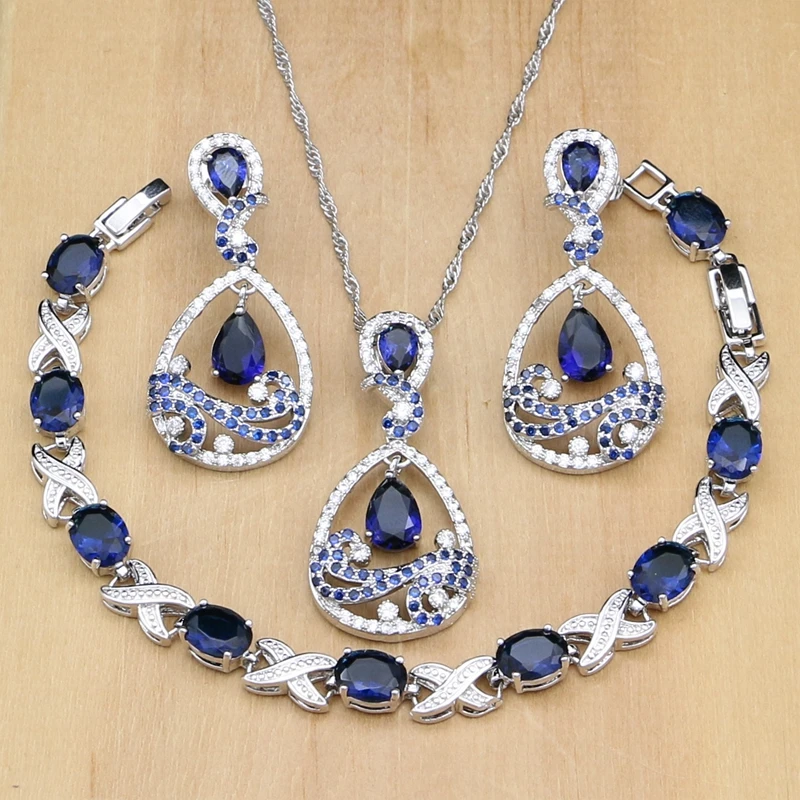 Peacock Silver 925 Jewelry Sets Blue Zircon White Stone For Women Party Earrings/Pendant/Rings/Bracelet/Necklace Set | Украшения и