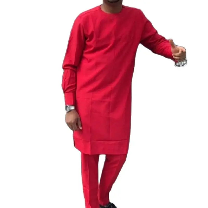 African Fashion Red Tops+Trousers Senator Suits Custom Men's Outfits O Neck Shirts Patch Solid Pants Party Garments | Тематическая