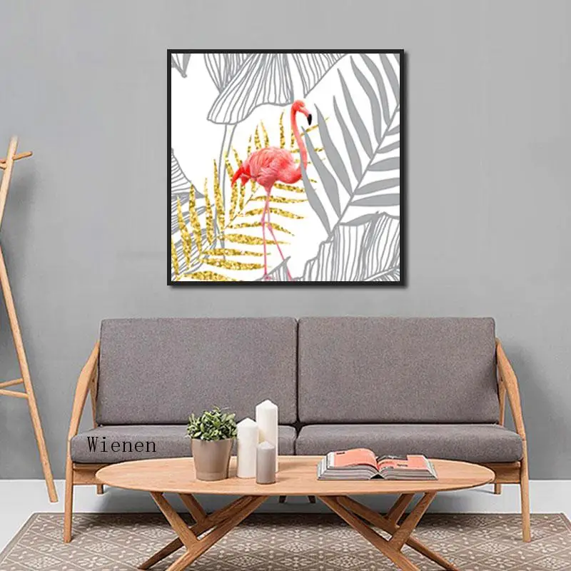 

Red Flamingo Animals Poster Golden Leaf Plant Wall Art Canvas Painting Frameless Mural Square Photo Home Bedroom Decoration