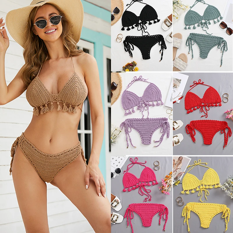 

CC 2pcs 8 Color Tassel Bikini Set Women Halter Backless Adjustable Swimsuit Handmade Crochet Hollow Out Biquini Saidas Praia