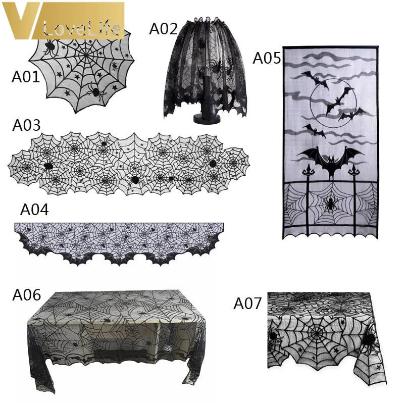Lace Black Table Runner Luxury Spider Web Skeleton Skull Tab