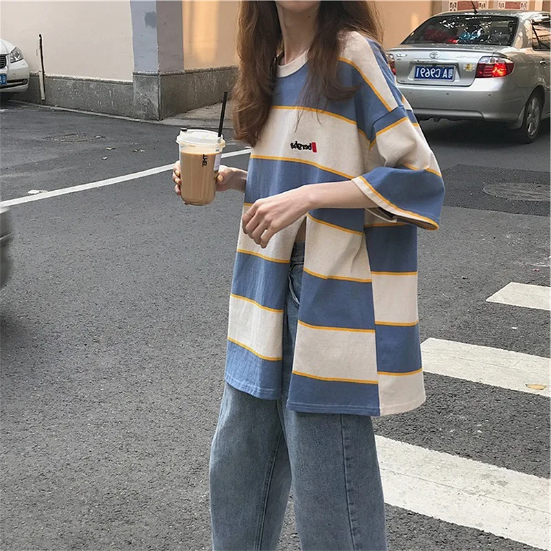 Модные женские летние футболки с круглым вырезом в полоску цветные свободные