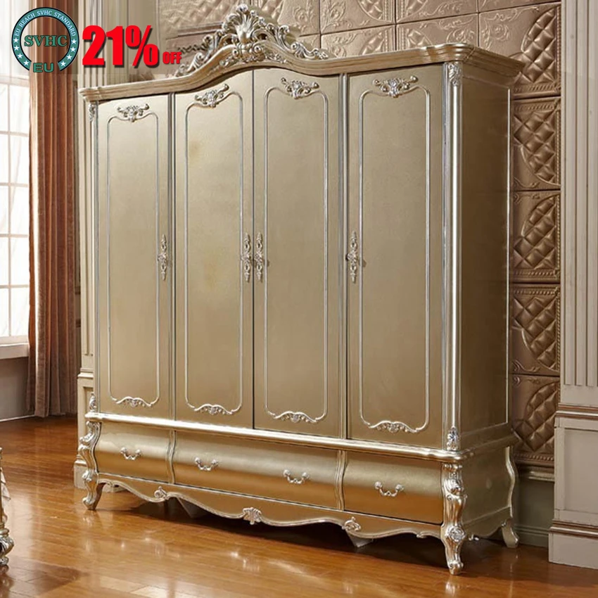 

Новинка 2021 года, Европейский шкаф с четырьмя дверями, шкаф цвета шампанского из цельного дерева, роскошная мебель для виллы во французском с...
