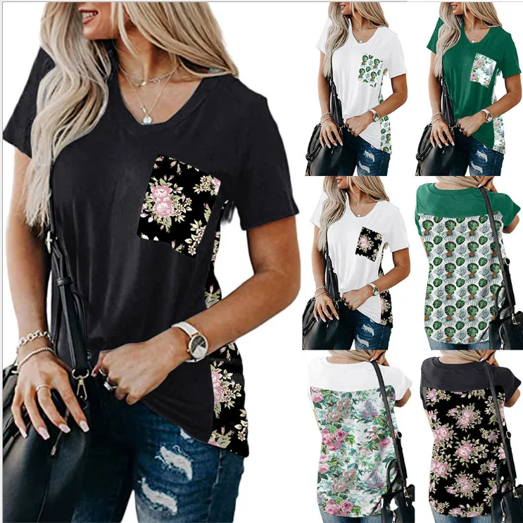 

European and American women's summer new style printing stitching V-neck short-sleeved t-shirt blouse