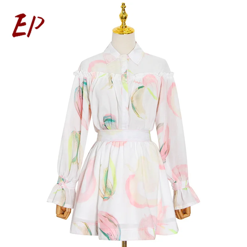 

EP 2021 Spring Temperament Two Peice Set Lantern Sleeve Turn-down Collar Shirt High Waist Print Dress Fashion Women Clothes