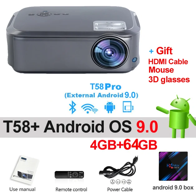 T58 Android OS 64GB WZATCO Full HD 1080P проектор 200inchT58 Android 9,0 WiFi светодиодный проектор для домашнего кинотеатра HDMI PC видеоигры мобильный проектор - Цвет: T58 Android OS 64GB
