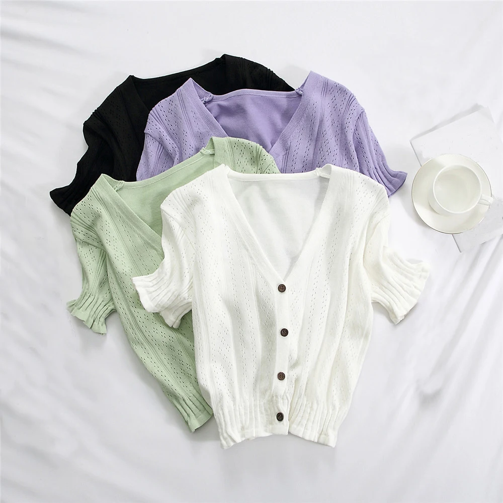 

Женская футболка, новинка 2021, летняя модная повседневная трикотажная рубашка с коротким рукавом и V-образным вырезом, кардиган, однотонные а...