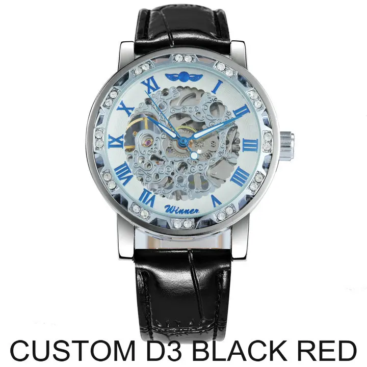 D3 BLACK RED WINNER официальный бренд роскошные часы мужские Скелет механические часы Кристалл Iced Out Кожаный ремешок наручные часы подарок для влюбленных - Цвет: D3 BLACK RED