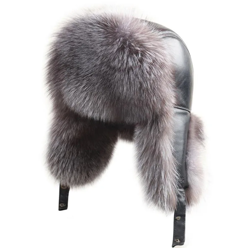 New Men Outdoor Windproof Winter Natural Real Fox Fur Bombers Hats Quality Raccoon Fur Cap Man Luxury Real Sheepskin Leather Hat