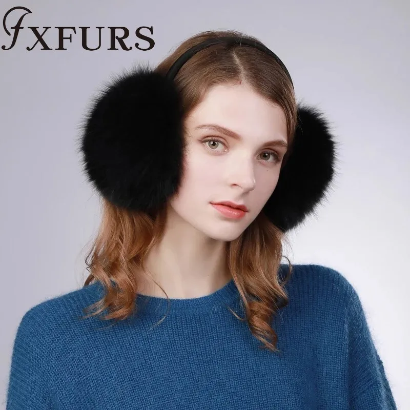 FXFURS новые модные милые объемные наушники из лисьего меха теплые меховые наушники из натурального меха с кожаной полкой для женщин защита для ушей зима