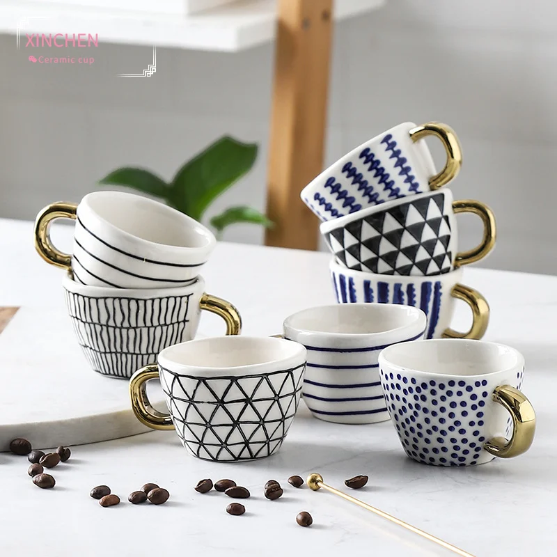 

Mini Handmade Geometric Espresso Mug With Gold Handle Ceramic Irregular Shape Cup For Coffee Latte Tea Nordic Home Kitchen Decor