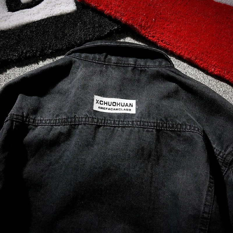 

Men Black Pop Large Size Cotton Casual Denim Jacket Young Men Fashion Loose Motorcycle Denim Jacket Asian Size M-5XL