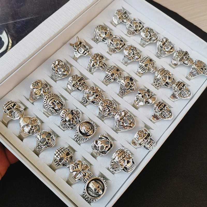 10 шт./Оптовая партия Оптовая продажа Кольца с черепом Скелет Винтажный готический металлический панк-стиль Демонические украшения для женщин, мужчин вечеринка Подарочное использование.