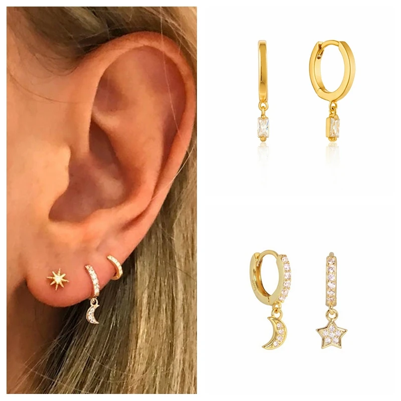 

Aide Shiny Zircon Moon Star Hoop Earrings for Women 925 Sterling Silver CZ Crystal Earrings Gold Color Pendant Earring Bijoux