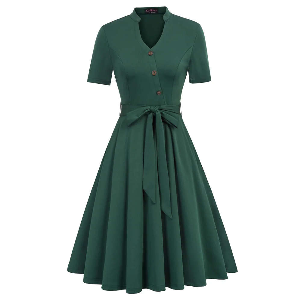 Dark Green Belle Poque, винтажное вечернее платье, Ретро стиль, плиссированные платья, женские однотонные элегантные платья с коротким рукавом, лето, для женщин - Цвет: Dark Green