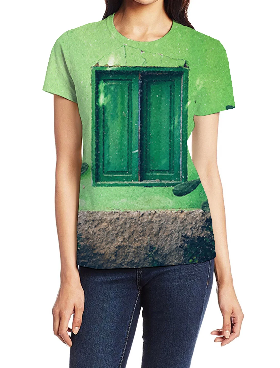 Картина маслом зеленый Футболка Windows Для женщин короткий рукав из полиэстера с