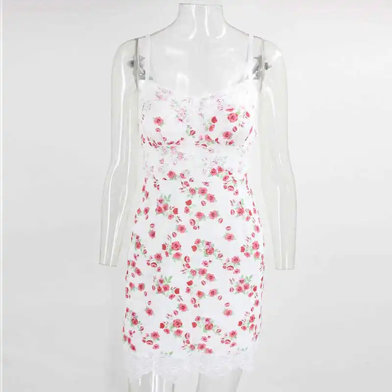 

Floral Print Lace Mini Dresses Women Holiday Sexy Spaghetti Summer Dress V Neck Backless Dress Bohemian Bodycon Dress