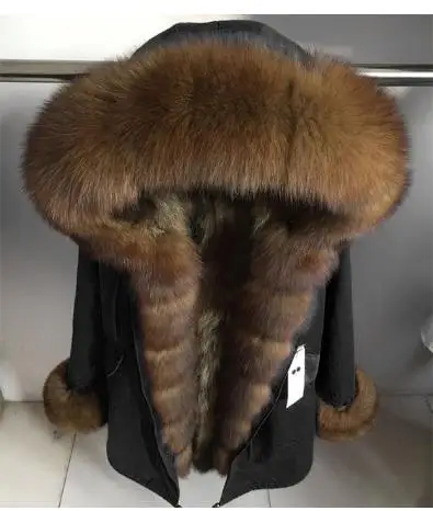 black brown fur Брендовая зимняя женская куртка, длинная шуба из натурального Лисьего меха, женские теплые меховые куртки, воротник из натурального меха енота, парка с подкладкой из натурального меха - Цвет: black brown fur