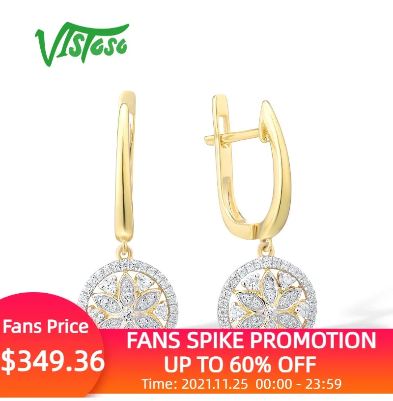 

VISTOSO Gold Earrings For Women Pure 14K 585 Yellow Gold Sparkling Diamond Flower Round Dangling Earrings Delicate Fine Jewelry