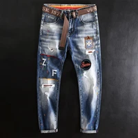 american street fashion men jeans retro blue elastic slim fit ripped jeans men printed designer hip hop splashed denim pants
