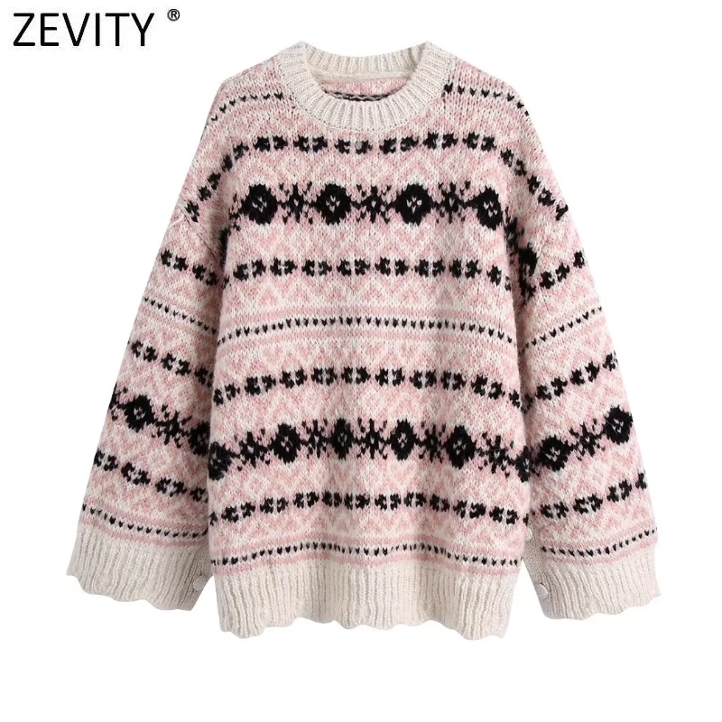 

Zevity Новый женский винтажный жаккардовый свободный свитер с круглым вырезом и цветочным рисунком, Женский шикарный пуловер с разрезом и пуг...