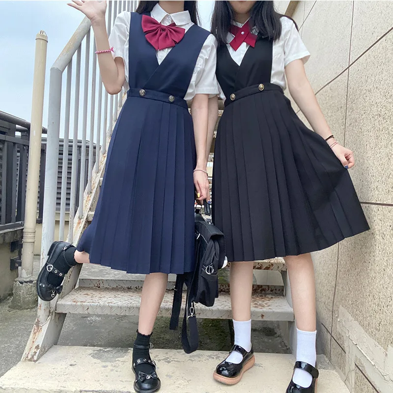 

Black Elegant Uniform Women's School Uniform Jk Uniform Skirt College Style Skirt Cyan Vest Dress Autumn Student Skirt 2022 New