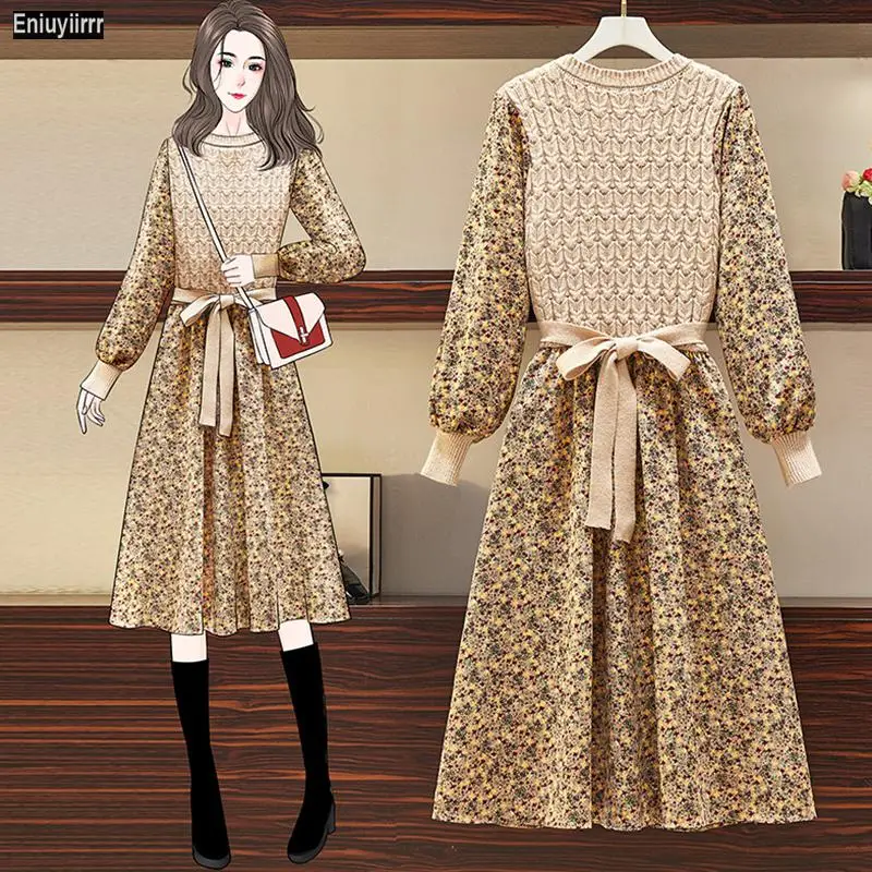 

Bow Tie Cute Fenimine Vestidos Women Winter Spring Floral Print Patchwork Faux Two Piece Knit Sweater Dress