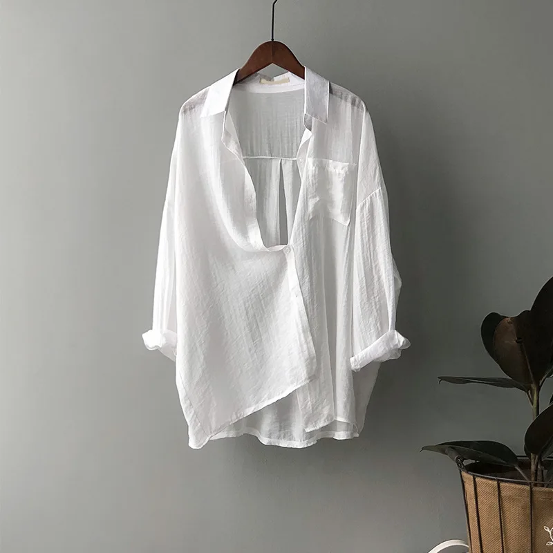 Женская однобортная блузка с отложным воротником свободная Однотонная рубашка