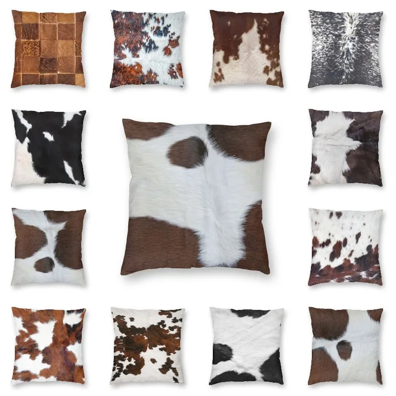 

Cowhide Animal Skin Pattern Farmhouse Cushion Cover 45x45cm Home Decor Print Spotted Brown Throw Pillow for Car Two Side
