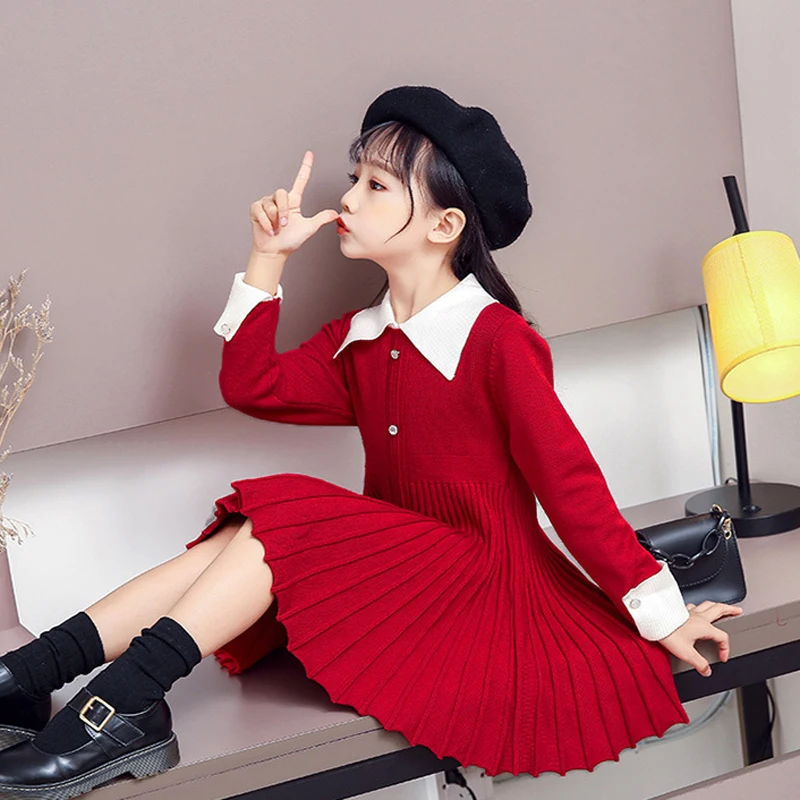 

Осенний Детский свитер вязаное платье с длинными рукавами Вечерние платья-свитера для девочек на Рождество