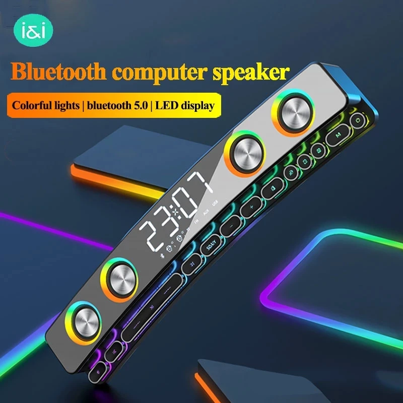 LED Wireless Game Bluetooth Speaker Computer Soundbar 3D Stereo Music Centre Subwoofer Home Theatre Clock Loudspeaker 3600mAh TF