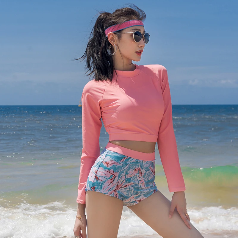 Женский купальный костюм из двух частей с длинным рукавом укороченный топ