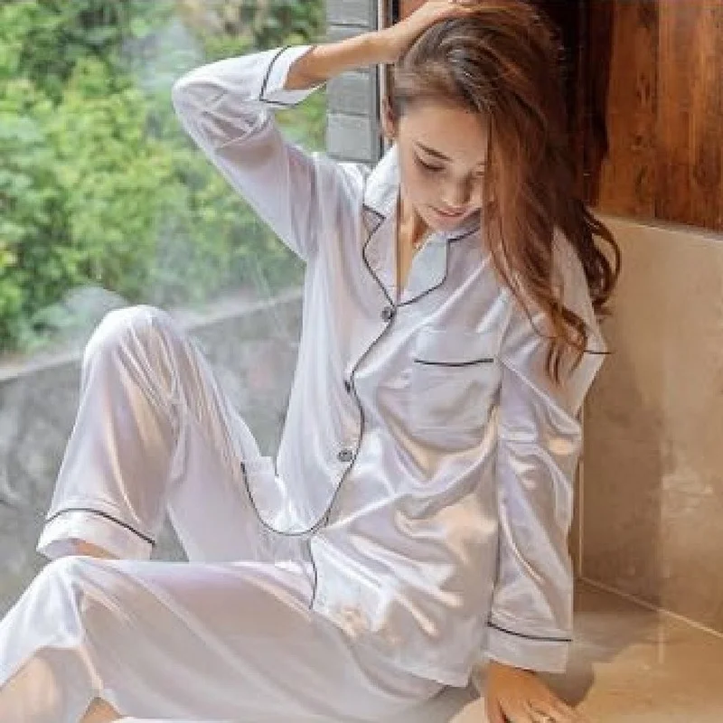 

Plus size women's pajamas set autumn thin long-sleeved shirt collar cardigan satin trousers 2-piece simulation silk home service
