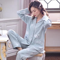women soft 100 cotton pajamas blue flower pj long sleeves button down print pure cotton sleepwear set 2pcs ladies pyjama femme