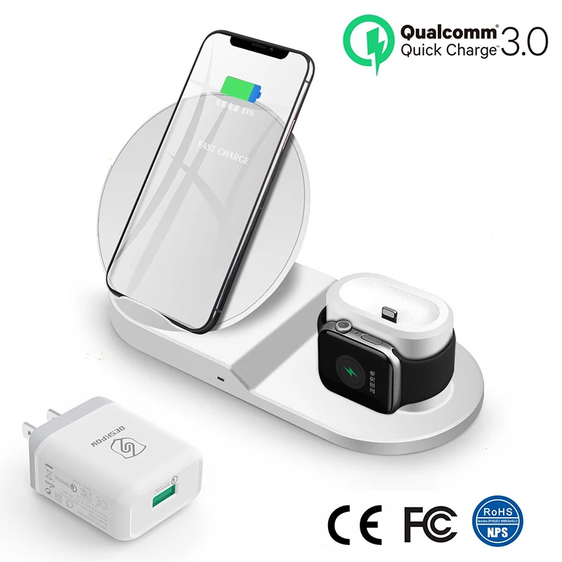 QC3.0 US Plug Яркие 3 в 1 Беспроводной телефон Зарядное устройство настольная подставка быстрой зарядки док-станция для AirPods pro Apple Watch 4/3/2/1 iPhone X 8 XS 11 - Цвет: QC3.0 US Plug