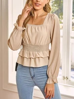 new ruched waist puff sleeve women solid color blouse elegant square neck ladies ruffle tops