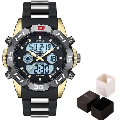 plastic gold withbox Stryve 8011 Relojes брендовые водонепроницаемые военные спортивные часы мужские Цифровые кварцевые часы из нержавеющей стали с двойным дисплеем montre homme - Цвет: plastic gold withbox