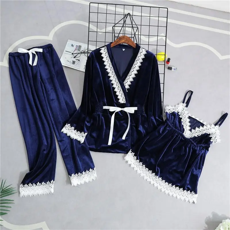 Style 992-A Бургундия Весна велюровые пижамы наборы женские 3 шт ремень Топ брючный костюм повседневная домашняя ночная рубашка сексуальный халат - Цвет: Style 992-A