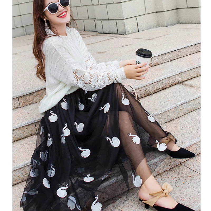 Длинная юбка с вышивкой лебедя плиссированная Тюлевая s для женщин черная серая