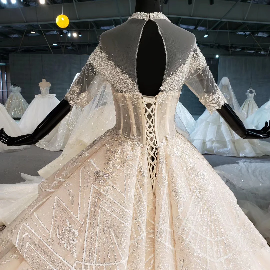 

2020 New Wedding Dress Half Sleeves Satin High Neck Applique Lace Dress Women Cerimonia With Veil Custom Vestido De Noiva Barato