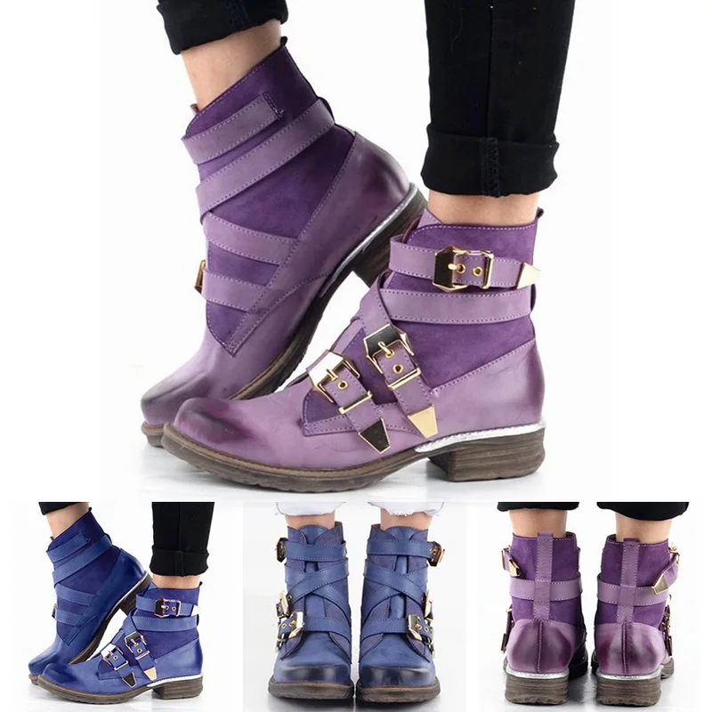 HEFLASHOR Fashion Women Boots Purple Short Ankle Boots Genuine Leather Blue Winter Strapped Buckle Short Boot Women Shoes