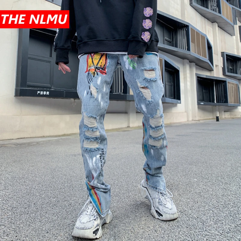 Мужские рваные джинсы с граффити синие зауженные брюки карандаш в стиле хип хоп