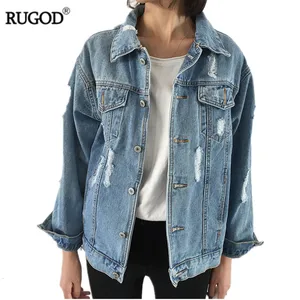 RUGOD джинсовая куртка Для женщин Casacos Feminino тонкий рваные джинсовая куртка Femme элегантный Винтаж Курточка бомбер 2018 одноцветное пальто джинсовая куртка